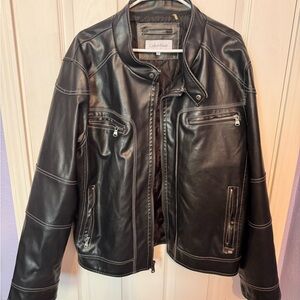 Calvin Klein Men's Black Leather moto Jacket - Size L. Outerwear.
